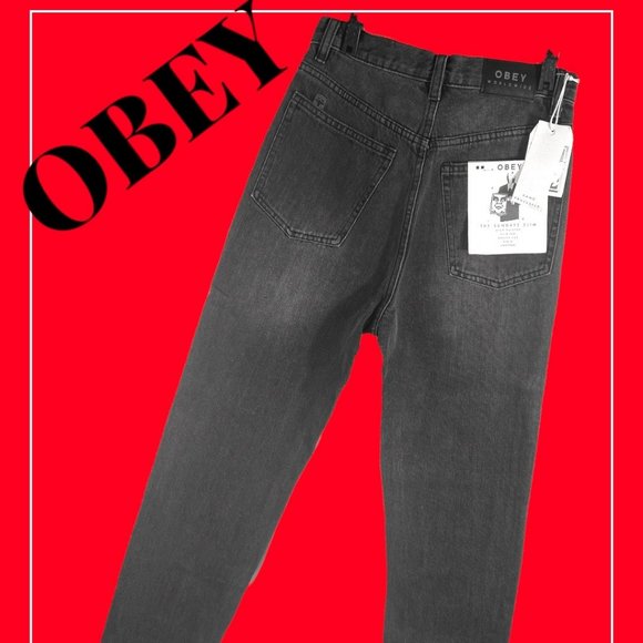 OBEY "THE SUNDAY SLIMS" BLACK BUTTON FRONT JEANS (SZ. 24) (BNWT) - Picture 1 of 12